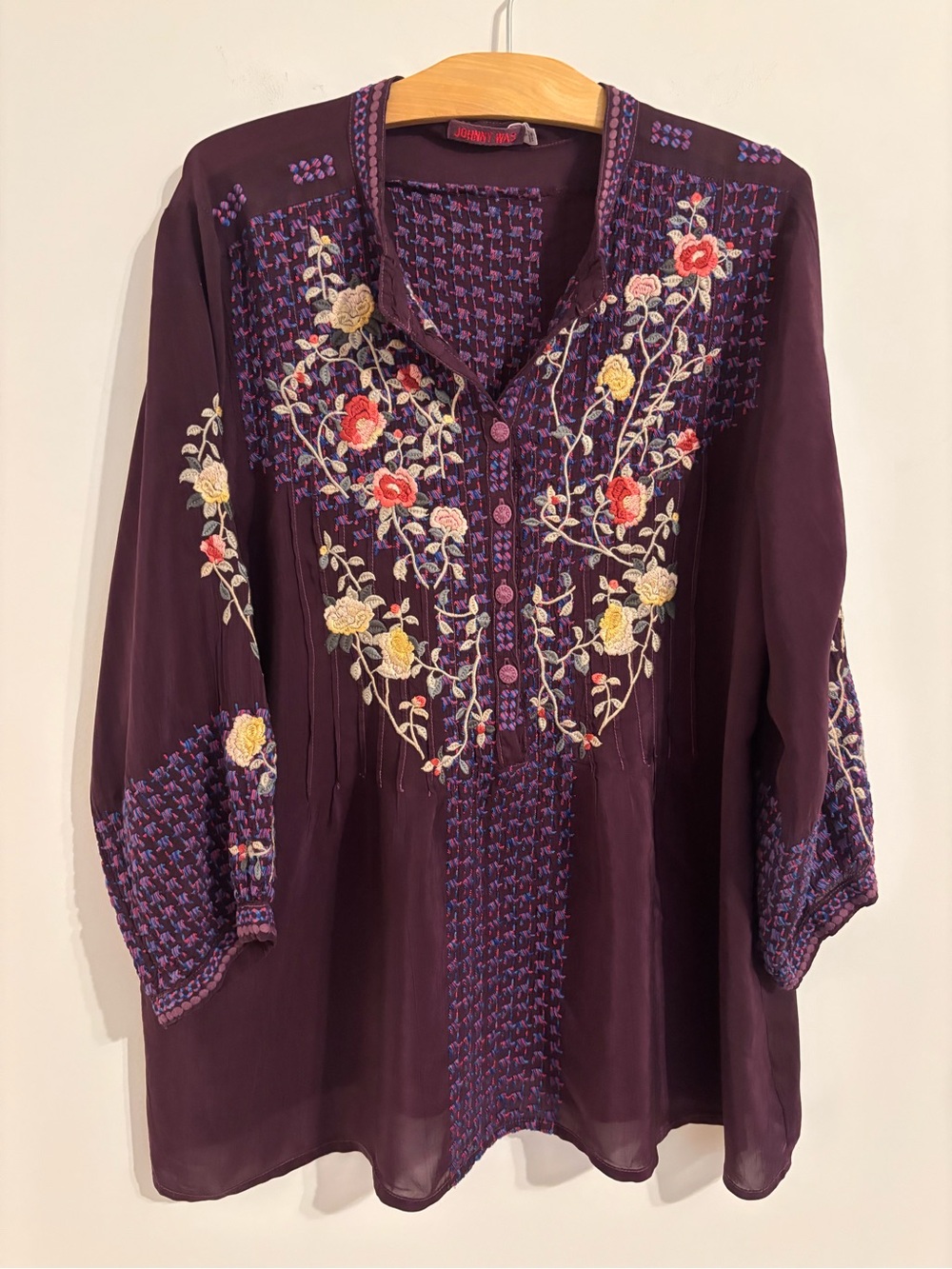 Johnny Was Deep Purple Heavily Embroidered Long Sleeve Blouse